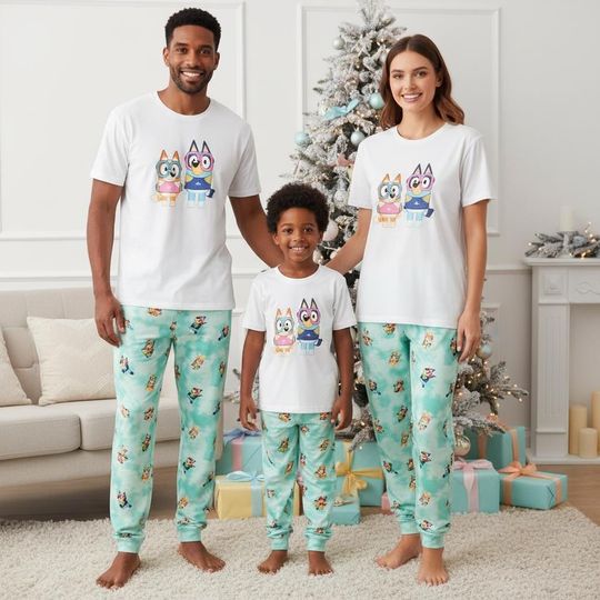 Discover Cartoon Dog Tee & Pants PJs, Cartoon Xmas Pajamas Set, Cute Family Pyjama, Xmas Family Sleepwear, Gift for Cartoon Lover