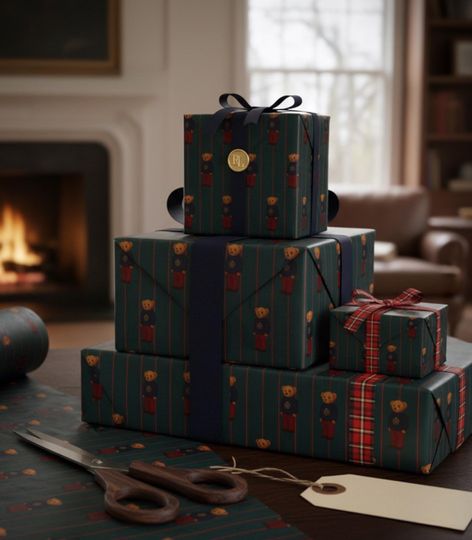Discover Striped Ralph Lauren Classic Christmas Wrap Paper, Elegant Bear Wrapping Paper