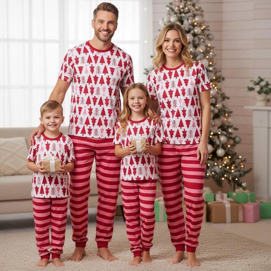 Discover Christmas Tree Tee & Pants PJs, Red Stripe Xmas Pajamas Set, Child Family Pyjama, Xmas Family Sleepwear, Christmas Gift