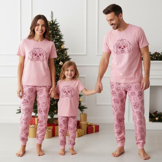 Discover Puppy Tee & Pants PJs, Xmas Family Pajamas Set, Pink Dog Family Pyjama, Xmas Family Sleepwear, Cute Family Gift