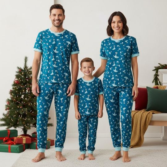 Discover Duck Print Tee & Pants PJs, Cute Ducks Xmas Pajamas Set, Blue Duck Family Pyjama, Kids Sleepwear, Xmas Family PJm Gift