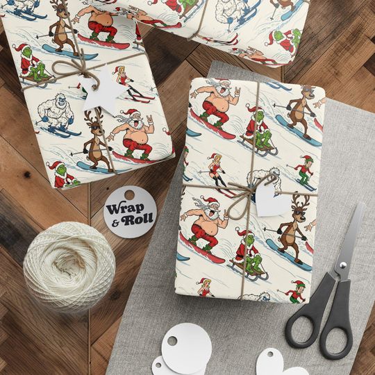 Discover Funny Christmas Ski Party Wrapping Paper | Chaotic Holiday Gift Wrap | Santa funny character Yeti Paper | All Occasion Humor