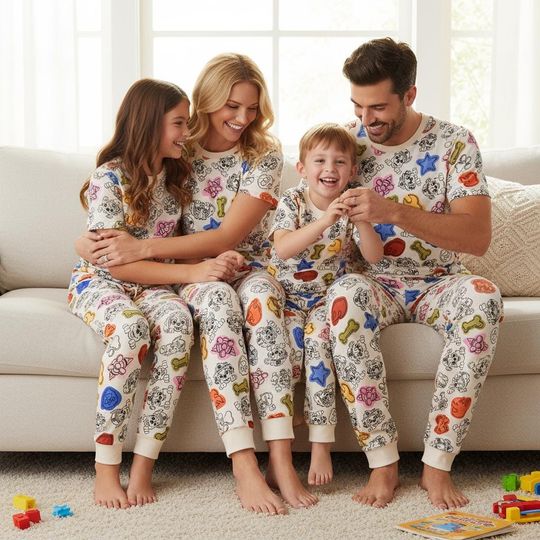 Discover Cartoon Tee & Pants Pajamas, Cute Xmas Pajamas Set, Christmas Family Pyjama, Xmas Family Sleepwear, Christmas Gift For Kids