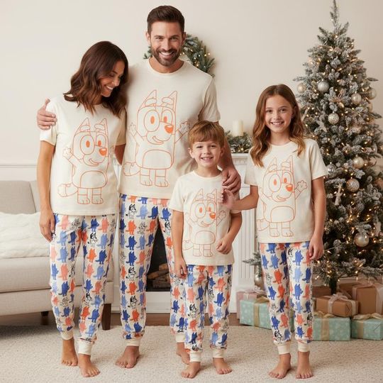 Discover Cartoon Family Tee & Pants PJs, Puppy Xmas Pajamas Set, Blue Family Pyjama, Xmas Family Sleepwear, Gift for Kids