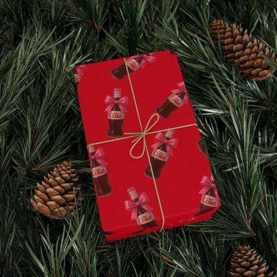 Diet Coke wrapping paper, Christmas gift wrap, pink soda bottle design, retro cola motif, girly holiday wrapping, red and pink tranding