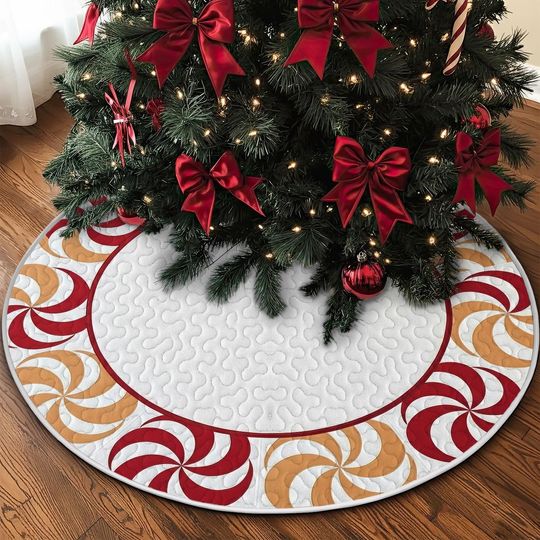 Discover Quilted White Tree Skirt, Red and Gold Peppermint Candy Border Design, Festive Swirl Quilt Decor, Cozy Christmas Home Accent
