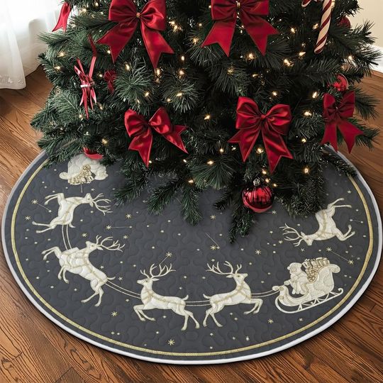 Discover Quilted Dark Gray Tree Skirt, Golden & White Reindeer Sleigh Design, Glittery Star Quilt Decor, Elegant Round Christmas Accent