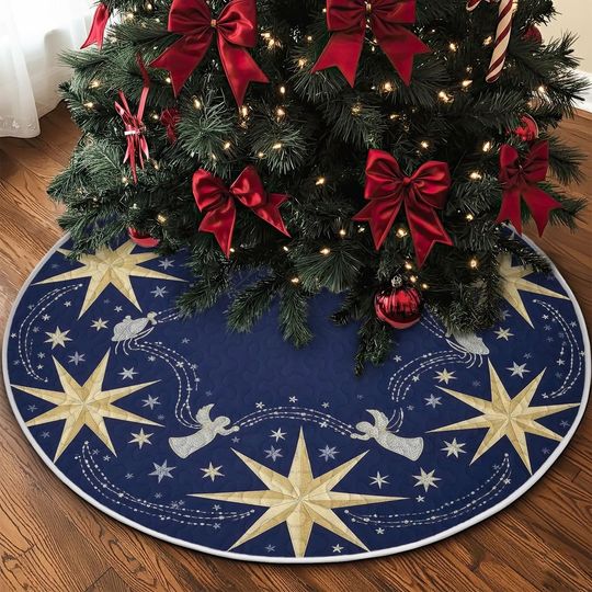 Quilted Navy Blue Tree Skirt, Golden Star and Silver Angel Design, Festive Celestial Quilt Decor, Elegant Round Christmas Accent