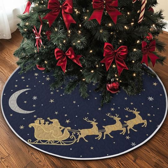 Quilted Navy Blue Tree Skirt, Golden Santa Sleigh and Reindeer Design, Glittery Moon & Star Quilt Decor, Festive Christmas Accent