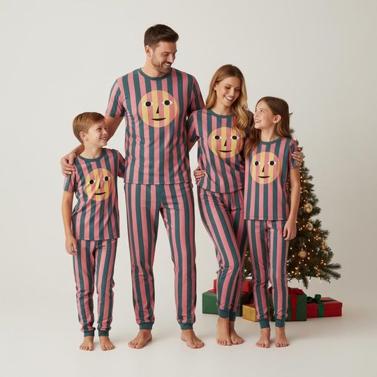 Discover Smiley Face Tee & Pants PJs, Striped Xmas Pajamas Set, Family Pyjama, Xmas Family Sleepwear, Holiday Gift