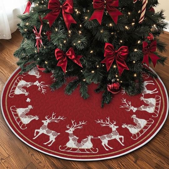 Discover Quilted Red Tree Skirt, White Reindeer and Sleigh Design, Festive Gold Border Quilt Decor, Cozy Round Christmas Accent