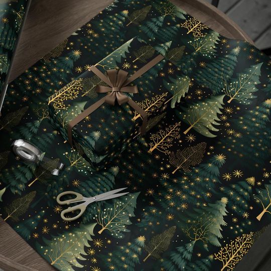 Green, Gold, and Black Christmas Tree Forest Holiday Winter Wrapping Paper | Dense Pine Tree Forest Gift Wrap