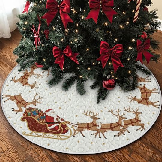Discover Quilted White Tree Skirt, Brown Santa Sleigh and Reindeer Design, Golden Star Quilt Decor, Festive Round Christmas Accent