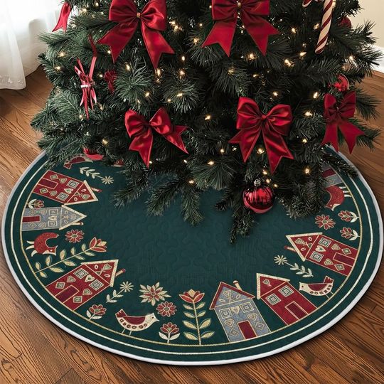 Discover Quilted Folk Art Tree Skirt, Dark Green and Red Scandinavian House Design, Festive Gold Holiday Bird Quilt Decor, Cozy Christmas Accent