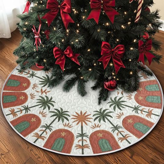Discover Boho Palm Tree Christmas Skirt, White Quilted Fabric, Terracotta and Sage Green Design, Retro Tropical Holiday Home Decor