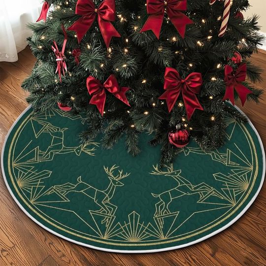 Discover Art Deco Reindeer Tree Skirt, Emerald Green and Gold Glitter Fabric, Geometric Art Deco Style, Majestic Deer Winter Holiday Decor