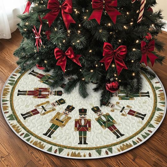 Discover Quilted Nutcracker Tree Skirt, Cream and Gold Toy Soldier Design, Festive Green and Red Holiday Ballet Quilt Decor, Christmas Accent