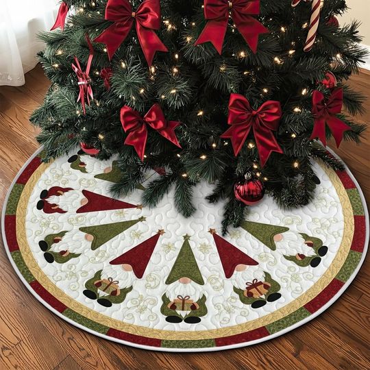 Discover Quilted Holiday Gnome Tree Skirt, White and Green Festive Scandinavian Nisse Design, Red and Gold Christmas Gift Quilt Decor, Cozy Accent