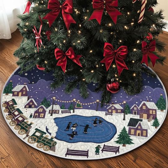 Discover Quilted Winter Skating Tree Skirt, Snowy Night Village and Train Design, Festive Purple and White Holiday Quilt Decor, Cozy Christmas Accent