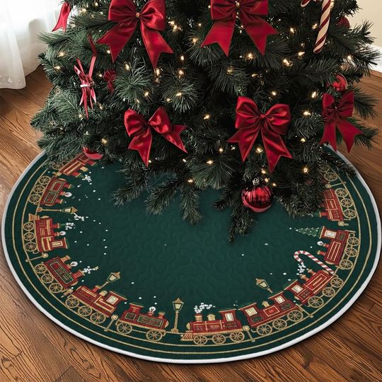 Discover Quilted Christmas Train Tree Skirt, Dark Green and Gold Railroad Design, Festive Red Holiday Steam Engine Quilt Decor, Cozy Xmas Accent