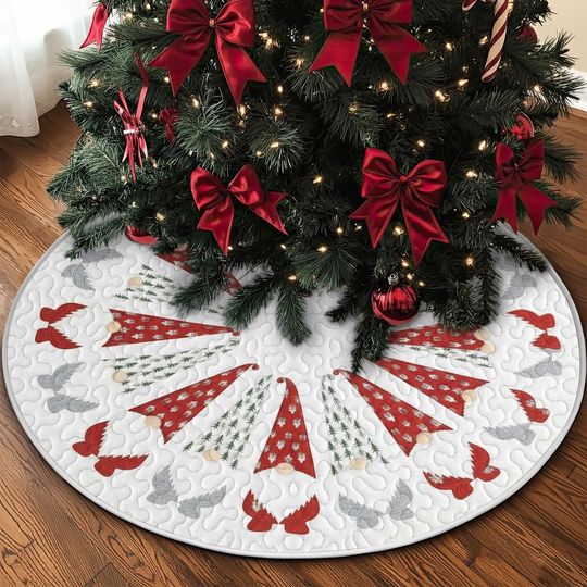 Discover Quilted Christmas Tree Skirt, Red and Green Tree Gnome Design, Festive Silver Birds Quilt Decor, Cozy Holiday Home Accent