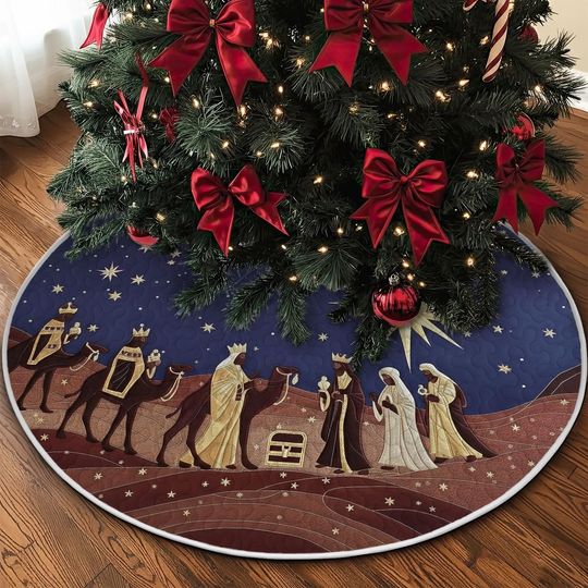 Quilted Three Kings Tree Skirt, Nativity Scene Design, Blue and Brown Fabric, Christmas Story Manger Holiday Accent Decor