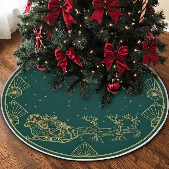 Discover Art Deco Santa Sleigh Tree Skirt, Deep Green and Gold Glitter Fabric, Geometric Fan Pattern, Festive Reindeer Holiday Decor