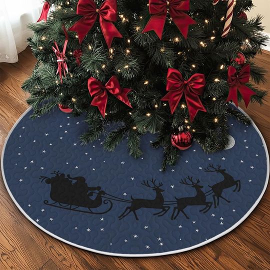 Quilted Navy Blue Tree Skirt, Black Santa Sleigh and Reindeer Silhouette Design, White Star Quilt Decor, Festive Christmas Accent