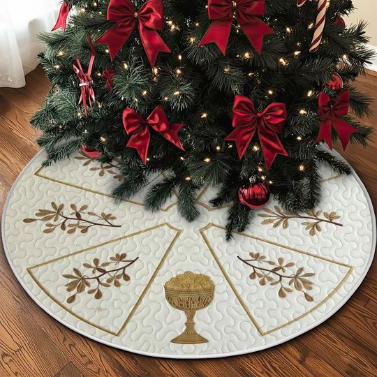 Discover Quilted Three Wise Men Gift Tree Skirt, Cream White and Brown Fabric, Gold Chalice Embroidery, Nativity Themed Holiday Decor