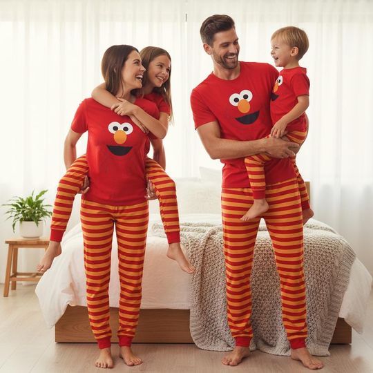 Discover Elmo Christmas Pajamas Set for Family, Red T-Shirt and Pants Sleepwear