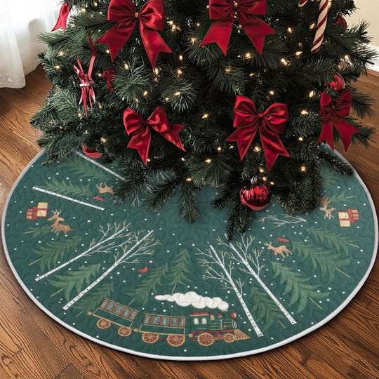 Discover Quilted Holiday Train Tree Skirt, Dark Green Forest Theme, Birch Trees and Deer Snow Scene, Cozy Winter Village Home Decor
