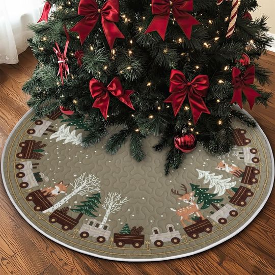 Quilted Woodland Train Tree Skirt, Beige and Brown Deer Fox Design, Festive Green and White Winter Quilt Decor, Cozy Christmas Accent