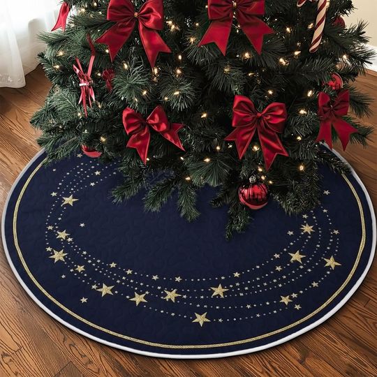 Discover Sparkling Gold Star Tree Skirt, Deep Midnight Blue Quilted Fabric, Celestial Night Sky Theme, Festive Holiday Starfall Home Decor