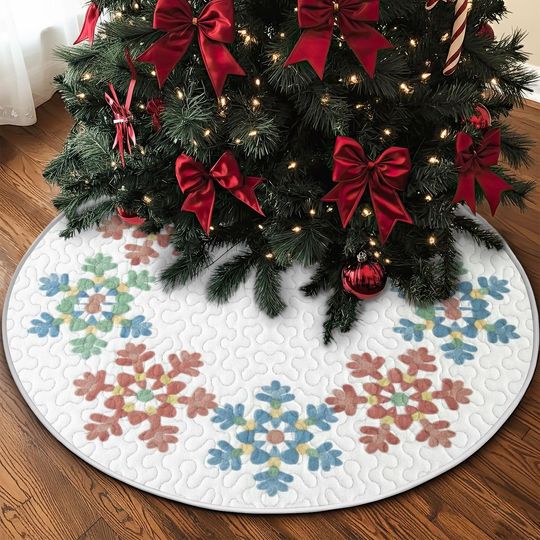 Discover Quilted Rainbow Snowflake Tree Skirt, Colorful Winter Floral Design, Soft Neutral Christmas Quilt Decor, Cozy Modern Holiday Accent