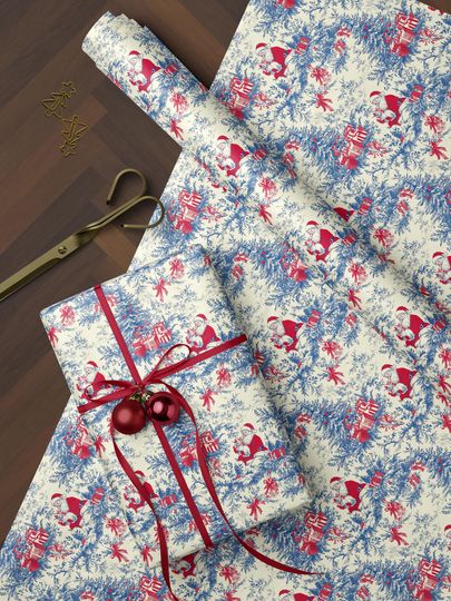Discover Vintage Blue and Red Santa Toile Wrapping Paper Luxury Chinoiserie Christmas Gift Wrap Roll Elegant Traditional Holiday Gift Paper