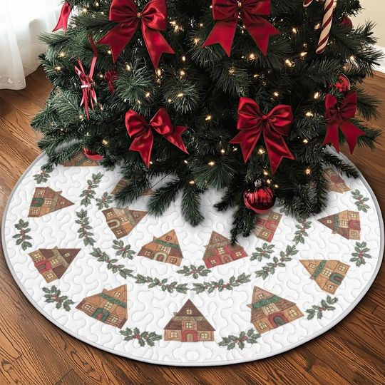 Discover Quilted Gingerbread Village Tree Skirt, Cozy Holly Wreath Design, Soft White and Brown Christmas Quilt Decor, Rustic Holiday Accent