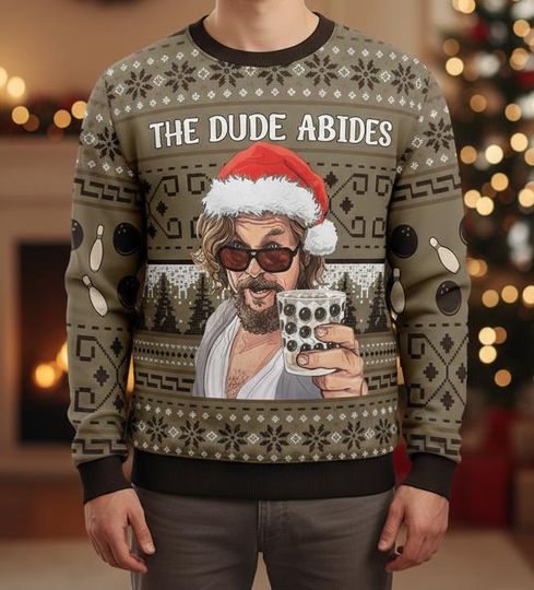 The Big Lebowski Ugly Christmas Sweater, The Dude Abides Holiday Sweater for Men Women