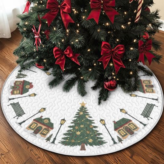 Discover Quilted Christmas Tree Village Skirt, Lantern Light Street Scene Design, Soft White and Green Holiday Quilt Decor, Cozy Winter Accent