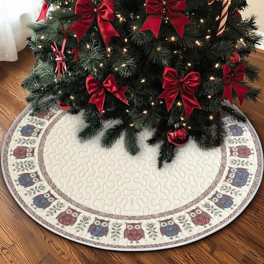 Discover Quilted Cozy Owl Border Tree Skirt, Folk Art Animal Design, Soft Neutral and Blue-Red Christmas Quilt Decor, Rustic Holiday Accent