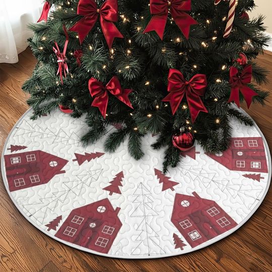 Quilted Red Cabin Forest Tree Skirt, Minimal Winter Tree Design, Soft White and Maroon Christmas Quilt Decor, Cozy Farmhouse Accent