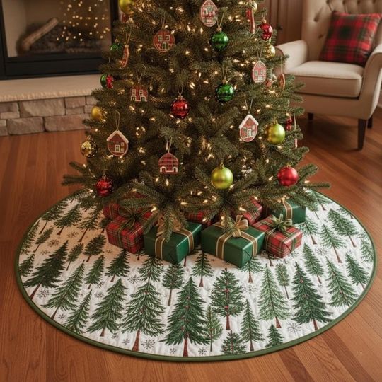 Pine Forest Christmas Tree Skirt, Winter Tree Skirt, Quilted Holiday Tree Mat, Evergreen Xmas Decor, Rustic Woodland Tree Skirt