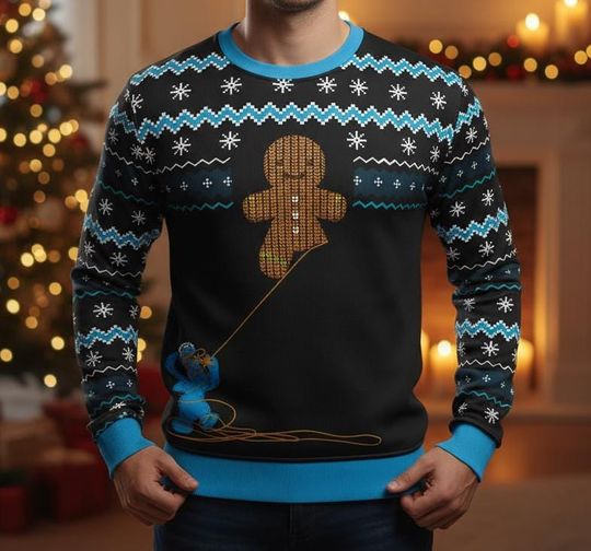 Gingerbread Christmas Ugly Sweater, Funny Cat Knit, Holiday Themed Sweatshirt for Men and Women