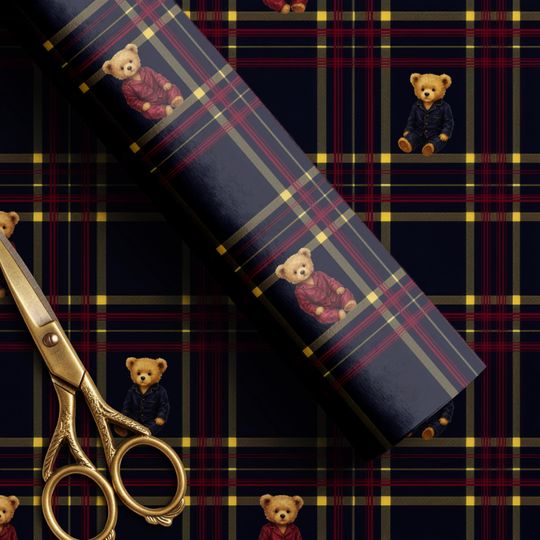 Discover Christmas Wrapping Paper Roll, Dark Tartan Teddy Bear Gift Wrap, Heritage Holiday Plaid, Premium Matte or Satin Paper