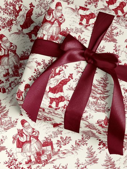 Discover Vintage Christmas Toile Chinoiserie Wrapping Paper Roll Red Santa Toile Pattern Elegant Holiday Gift Wrap Luxury Christmas Paper