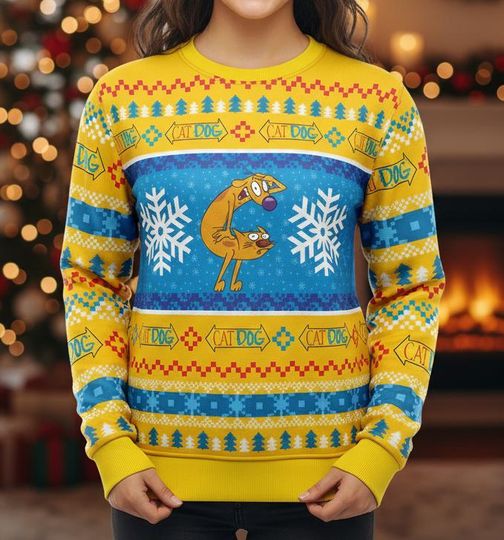 Discover CatDog 3D Christmas Sweater, Cartoon Ugly Sweatshirt, Nick 90s Holiday Gift for Men Women