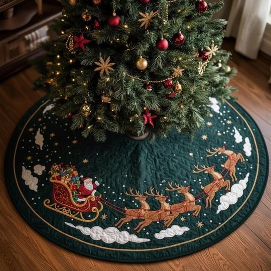 Discover Retro Toy Train Wonderland Tree Skirt, Vintage Style Engine & Presents Holiday Skirt, Xmas Gift, Green Quilted Christmas Decor