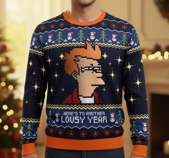 Futurama Ugly Christmas Sweater, Fry Here's To Another Lousy Year Sweatshirt, Holiday Gift for Men Women