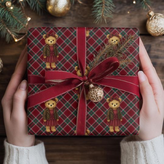 Discover Christmas Wrapping Paper Tartan Teddy Bear | Girl Bear Plaid Gift Wrap Roll