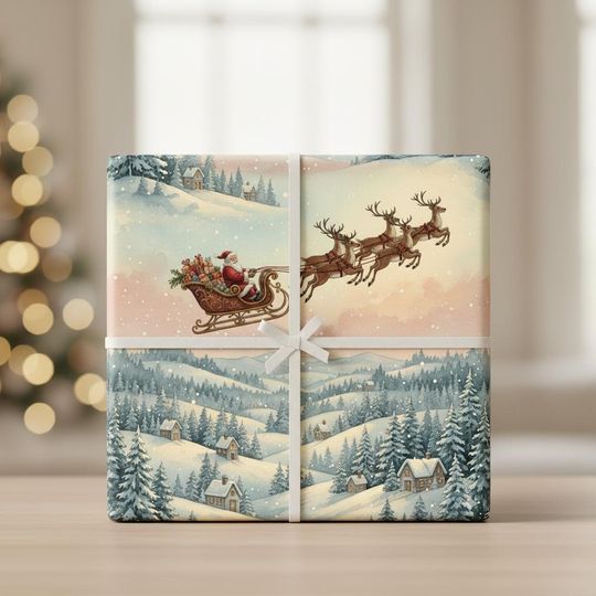 Discover Vintage Santa Sleigh Wrapping Paper, Snowy Christmas Gift Wrap