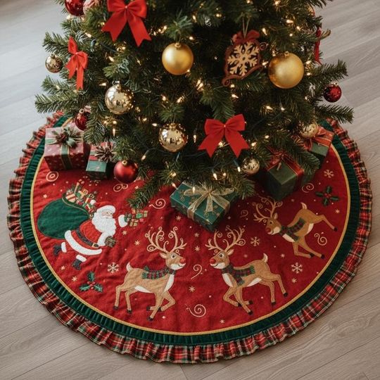 Discover Retro Reindeer Rendezvous Tree Skirt, Classic Cream and Red Christmas Decoration, Vintage Santa Sleigh & Flying Deer Holiday Decor
